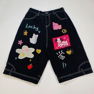 Fashion Jeans Black Embroidered Graphic Denim Shorts Y2K Kawaii Streetwear L